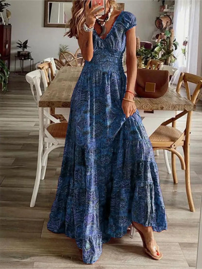 Print Long Dresses V-neck Elastic Waist Short Sleeves Vacation Style Dress Female Vestidos