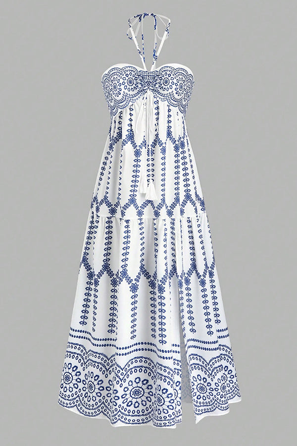 Holiday Style Unique Print Halter Neck Tie Slit Midi Dress