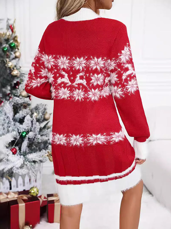 Long Sleeves Loose Contrast Color Jacquard Round-neck Mini Dresses Sweater Dresses