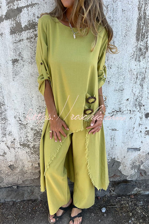 Jamilah Linen Blend Ring Detail Midi Blouse and Elastic Waist Pocketed Loose Pants Set