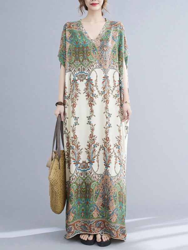 Printed V-neck Batwing Sleeves H-line Maxi Dress