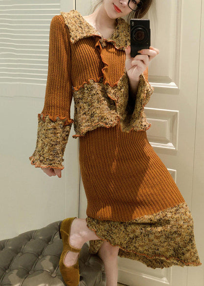 French Peter Pan Collar Print Patchwork Cotton Knit Cardigans and Maxi Skirts Two Pieces Set Fall Wv023