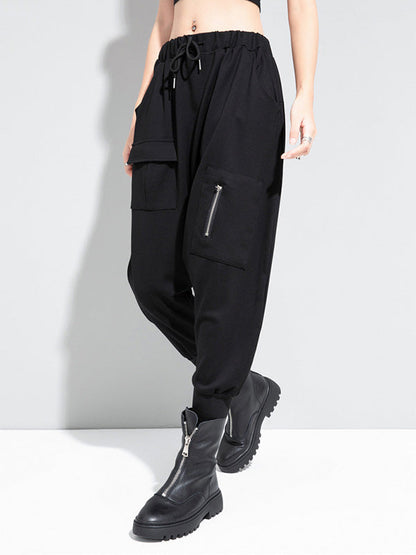 Simple Black Elasticity Waist Pockets Harem Pants Ws012