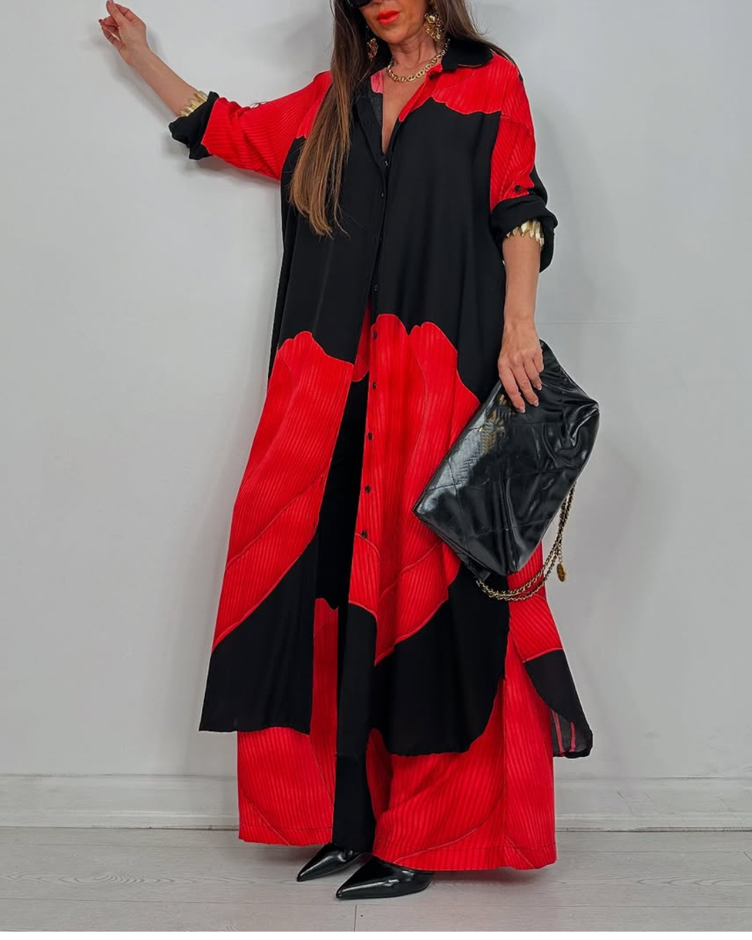 V-neck Patchwork Printed Top and Pants Commuting Suit