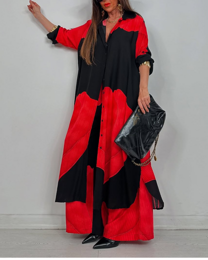 V-neck Patchwork Printed Top and Pants Commuting Suit