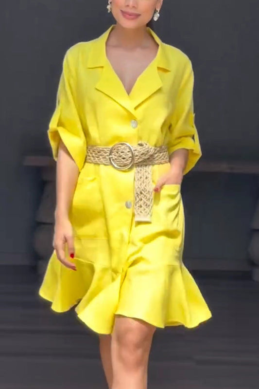 Color Lapel Pocket Ruffle Loose Mini Dress