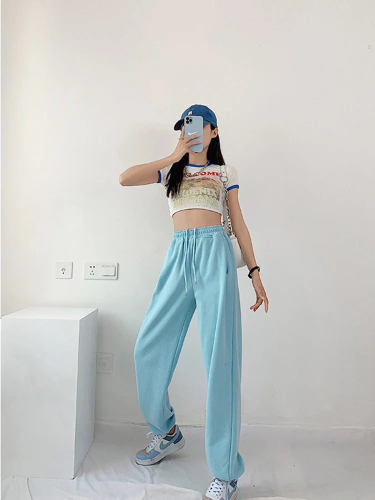 Korean White Blue Pants High Waist Loose Drawstring Harem Pants Comfortable Female Sports Street Pants S-xl