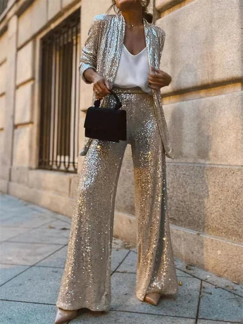 Sequin 2 Piece-set Straight Leg Slim Glitter Patchwork Suit Outwear and Pants Sets