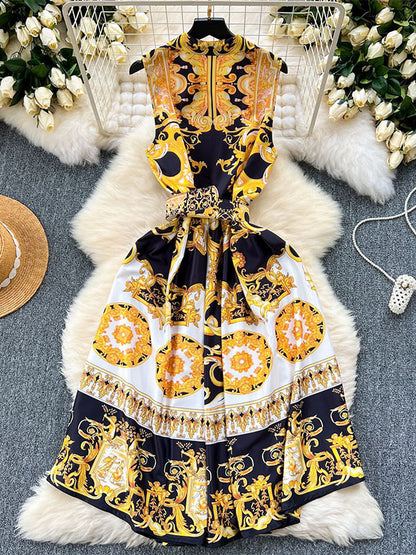 Sleeveless Belt Buckle Buttoned Contrast Color Printed Midi Dresses