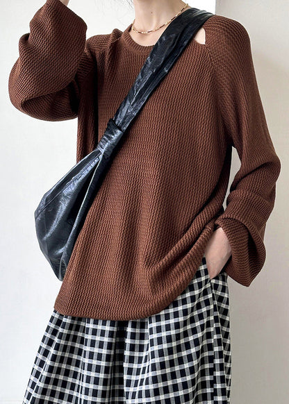 Brown O Neck Hollow Out Knit Sweaters Fall Af1051