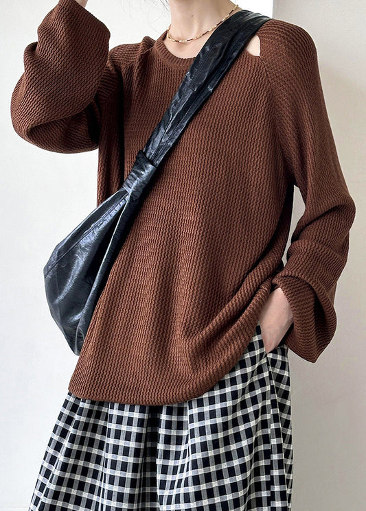 Brown O Neck Hollow Out Knit Sweaters Fall Af1051