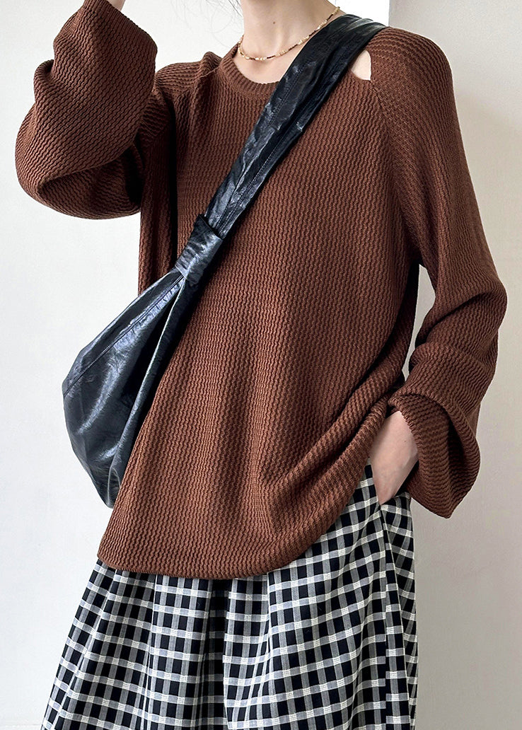 Brown O Neck Hollow Out Knit Sweaters Fall Af1051