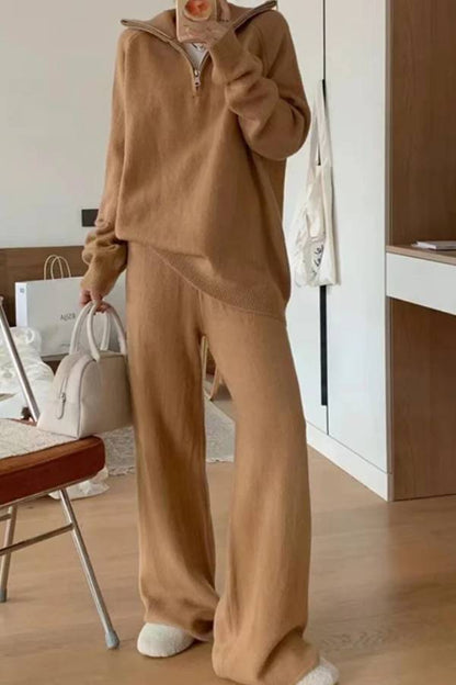 Lapel Sweater and Wide-leg Pants Two-piece Suit