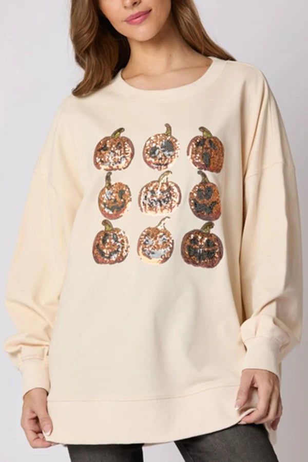 Halloween Pumpkin Sequin Loose Sweatshirt