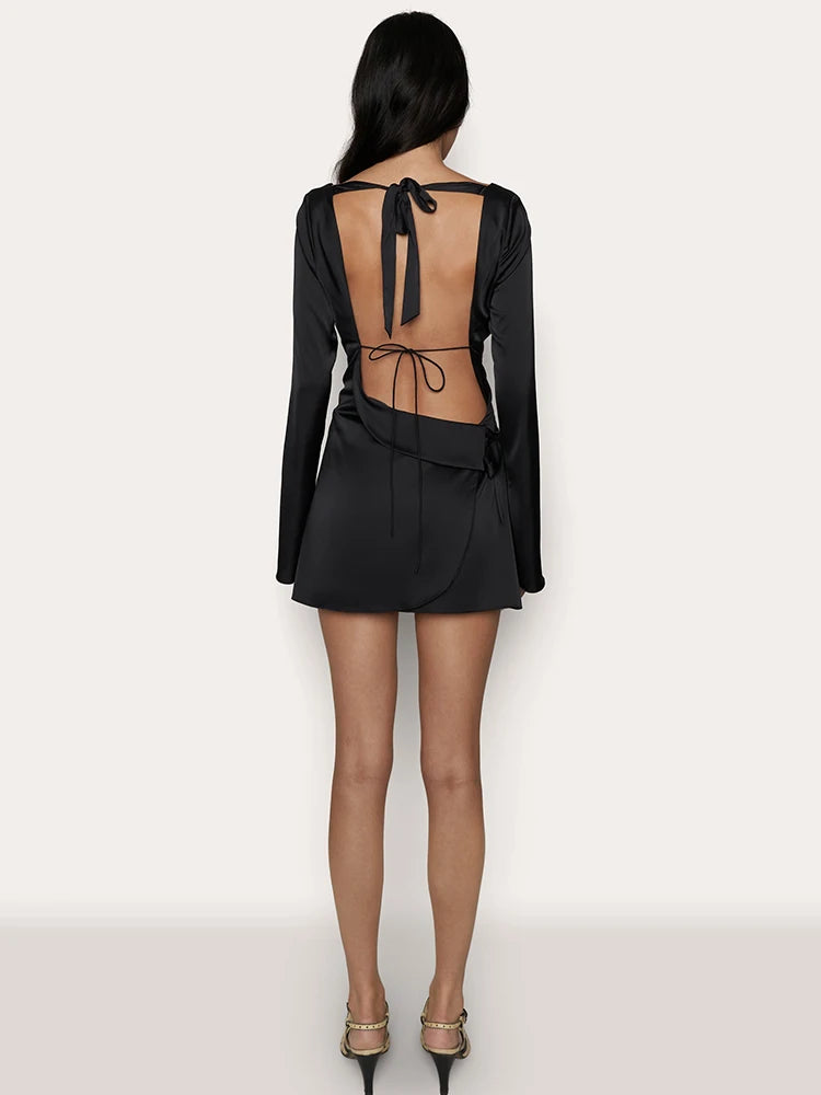 Long Sleeved Bodycon Dress Lace Up Open Back Slim Fit Mini Dress Female Party Club Evening Dress