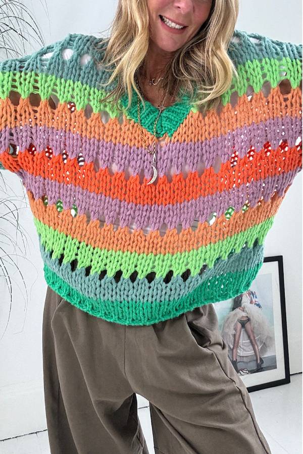 This Season Knit Multi-color Hollow V-neck Balloon Sleeve Loose Sweater