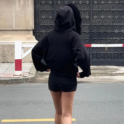 Zip Up Hoodie Black Feather Splice Long Sleeve Loose Sweatshirt Woman Street Winter Cardigan Femme New