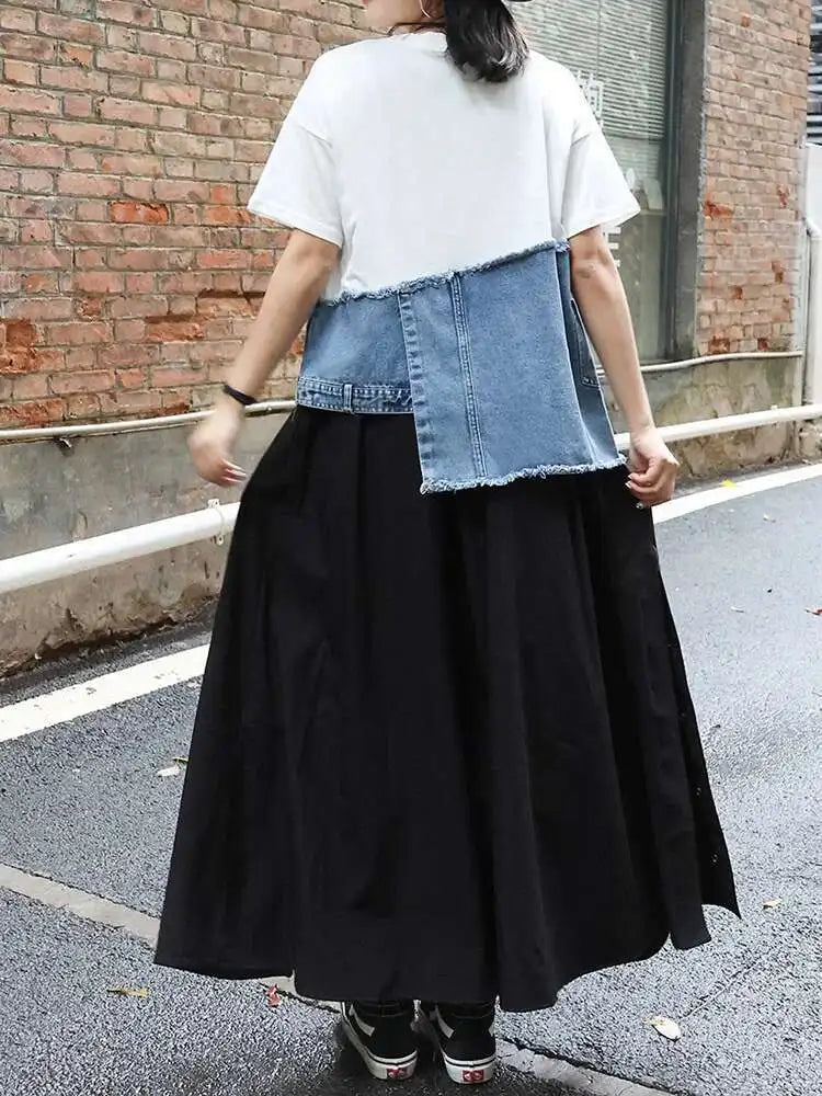 Denim Street Patchwork Sleeve White Short T-shirt O-neck Hem