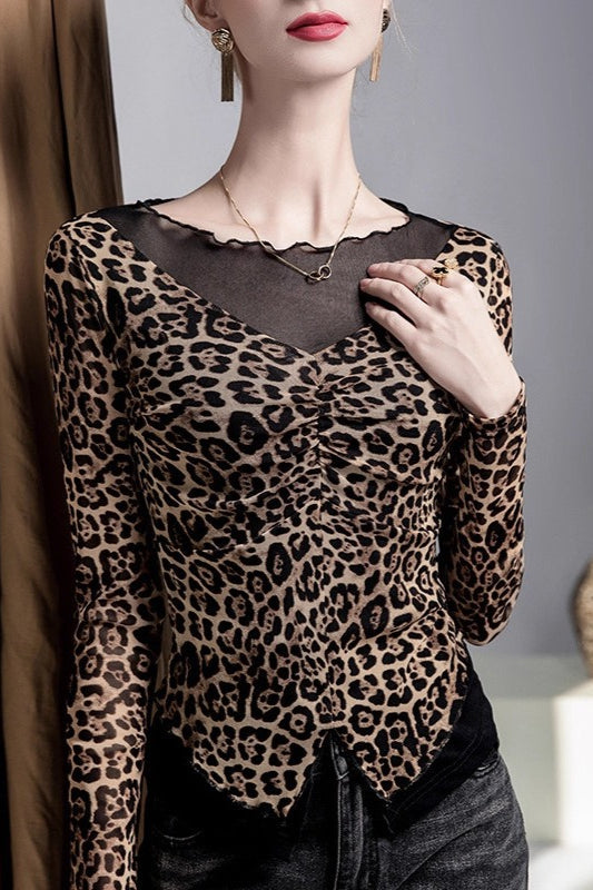 Leopard Print Fake Two-piece Mesh-paneled Blouse