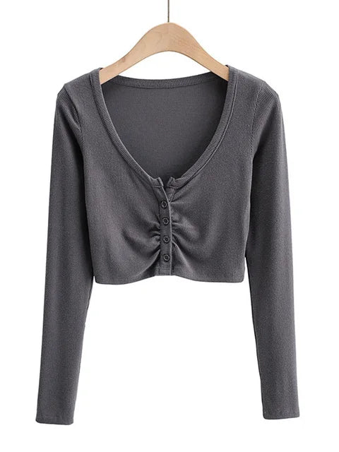 Slim V-neck Long Sleeve Bottomed Tops and Blouses High Street Color Open Navel Cardigan
