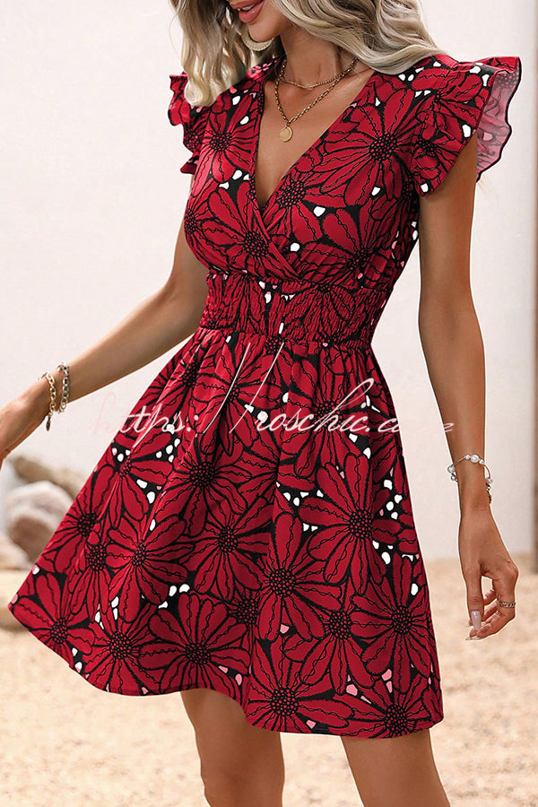 Wonderful Weekend Print Ruffle Sleeve Elastic Waist Mini Dress