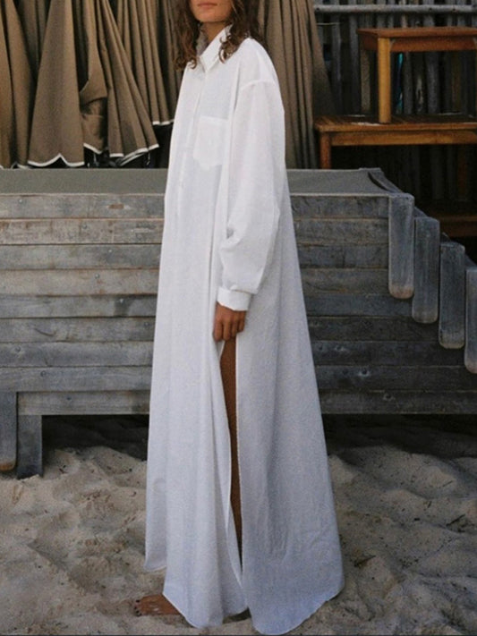 Long Sleeves Loose See-through Color Split-joint Split-side Lapel Maxi Dresses Shirt Dress