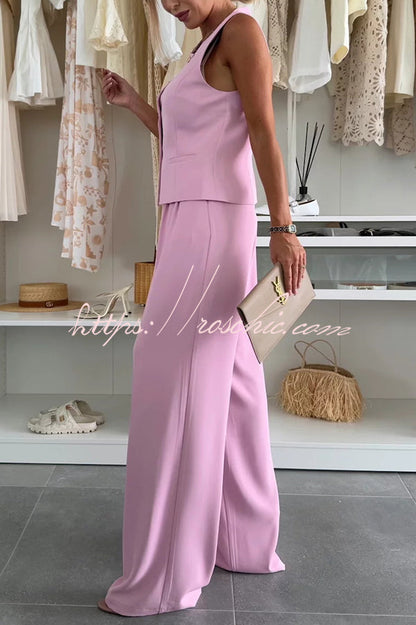 Workplace Sleeveless Button Vest and Relaxed Pocket Wide Leg Pants Set