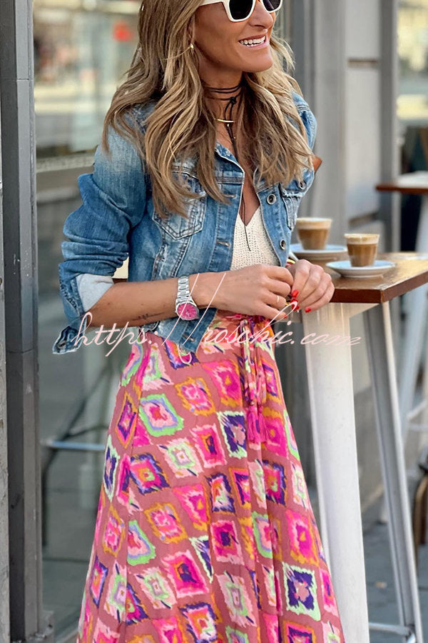 Courtyard Dreaming Print Elastic Waist Tassel Maxi Skirt