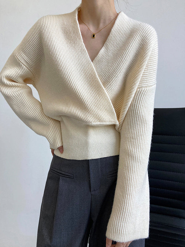 French Grey Cross V-neck Long Sleeve Sweater Qx012