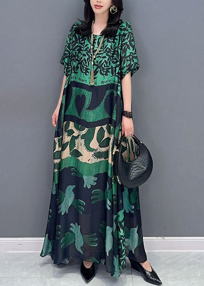 Black Texture O Neck Pockets Print Patchwork Silk Long Dresses Summer Tt1032