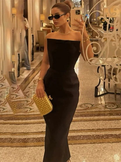 Tee Bow Backless Long Dress for Patchwork Slim Party Dress Gown Female Commute Maxi Dress