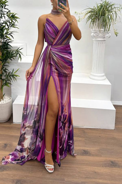 In a Dreamland Chiffon Print Off Shoulder Pleated Scarf Slit Maxi Dress