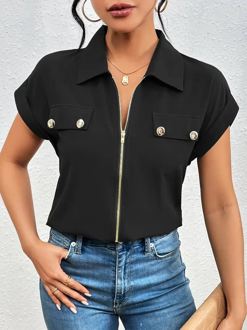 Safira - Zip-front Short Sleeve Blouse