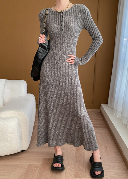 New Grey V Neck Button Cotton Knit Sweater Dress Long Sleeve Af1056