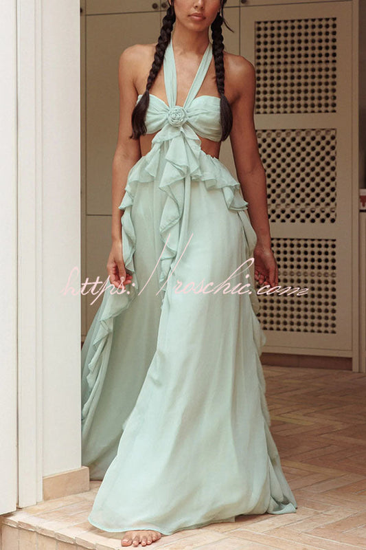 Vacation Halter Rose Detail Cut Out Ruffles Backless Maxi Dress