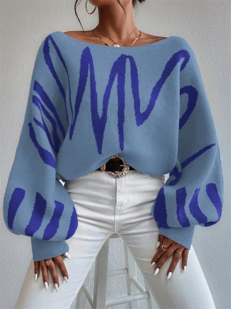Off Shoulder Sweater for Batwing Sleeve Pullover Knit Loose Jumper Tops Art Printed Spring New Oversized Sweaters
