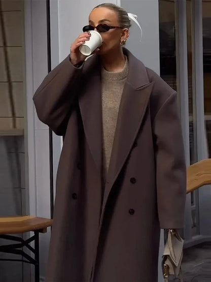 Brown Wool Long Coats for Loose Turn Down Collar Double Breasted Female Overcoat Autumn Winter Street Lady Outwear