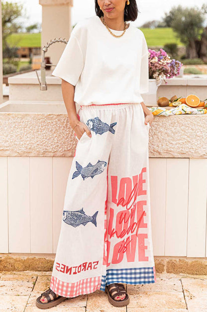 Unique Printed Elastic Waist Pocket Vacation Wide Leg Pants