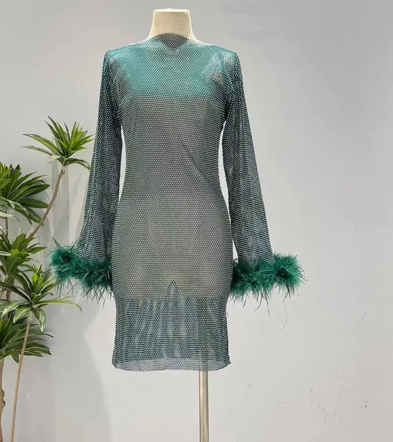 Weave Shiny Rhinestone Mini Dress See Through Cover-up Dresses Loose Club Dress