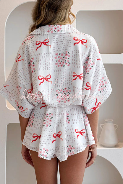 Sweet Bow Print Lapel Half Sleeve Tie Waist Loose Rompers