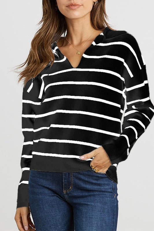Striped Long Sleeve Polo V Neck Pullover Sweater