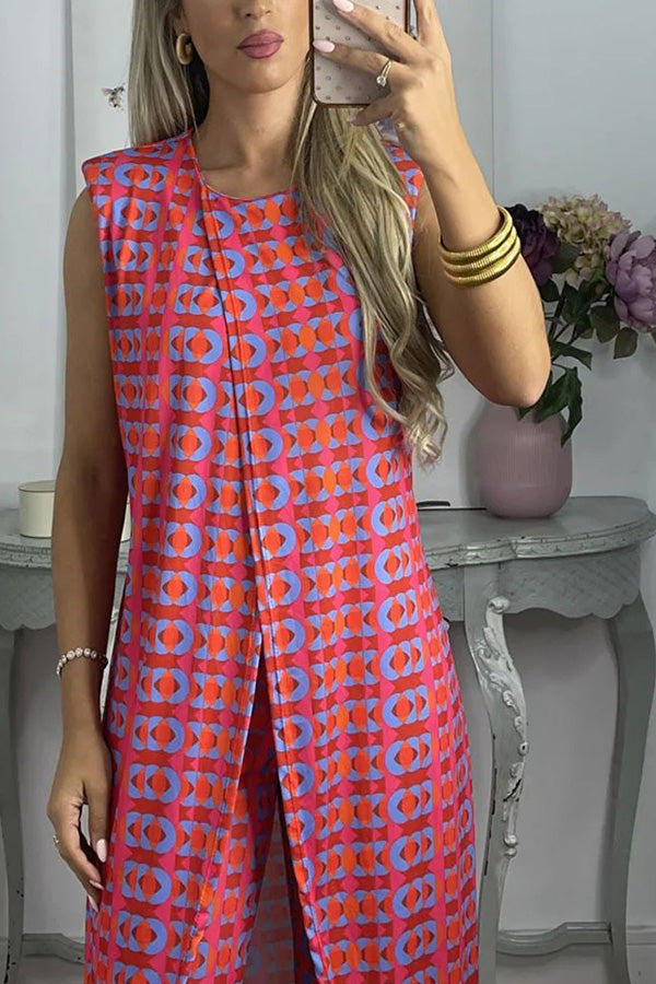Retro Print Split Top Two-piece Set