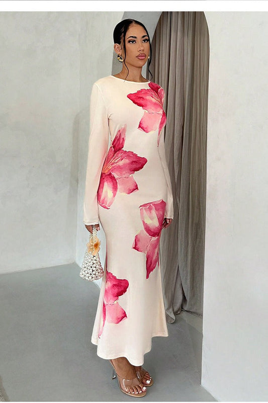 Print Bodycon Long Sleeve Maxi Dress