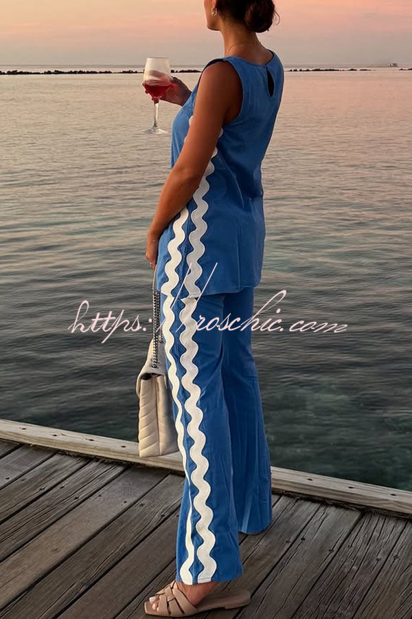 Tash Linen Blend Ric Rac Wave Trim Tank and Elastic Waist Pocket Flare Pants Set