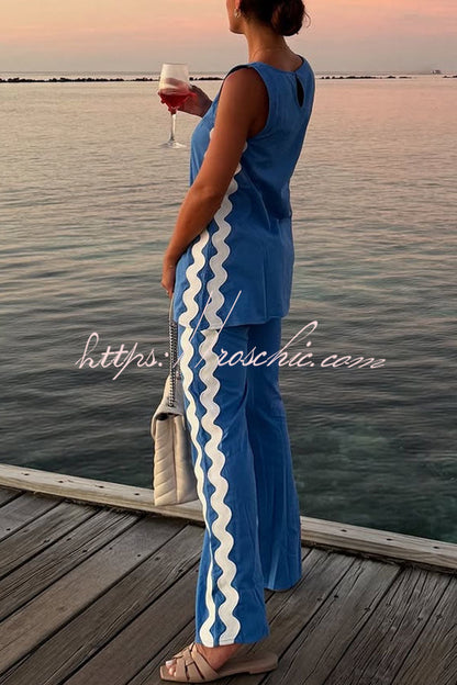 Tash Linen Blend Ric Rac Wave Trim Tank and Elastic Waist Pocket Flare Pants Set