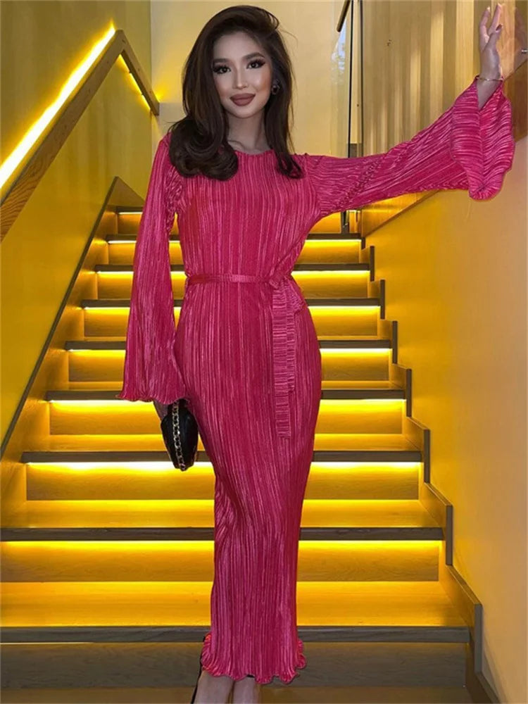 Ruffled Lace-up Long Dress Slim Long Sleeve Striped Pleated Party Dress Autumn Gown Female Dress