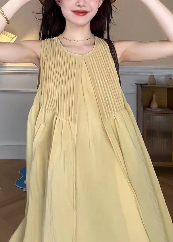 Yellow O Neck Pockets Cotton Long Dress Sleeveless Tt1048