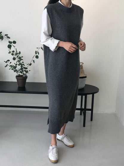 Urban Loose Sleeveless Color Round-neck Midi Dresses Sweater Dresses