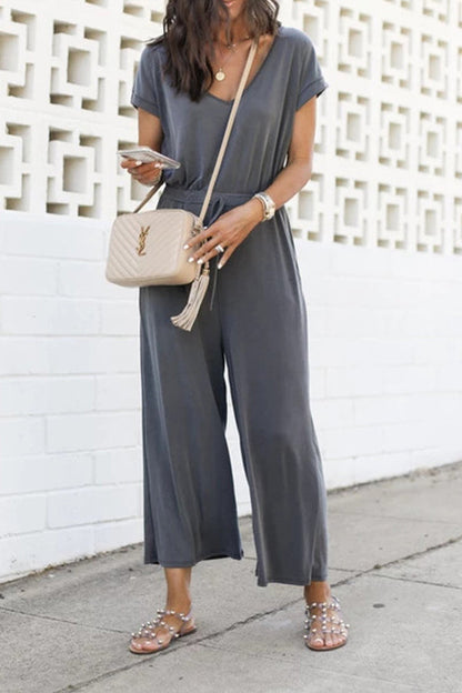 Elastic Waist V Neck Wide Leg Jumpsuit