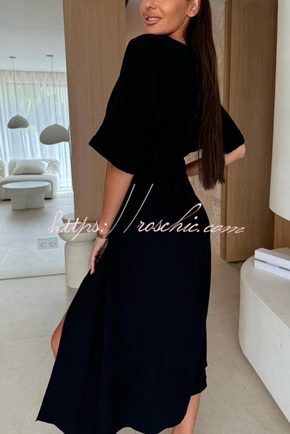 Linen Blend Color V-neck Short Sleeve Waist Loose Slit Midi Dress